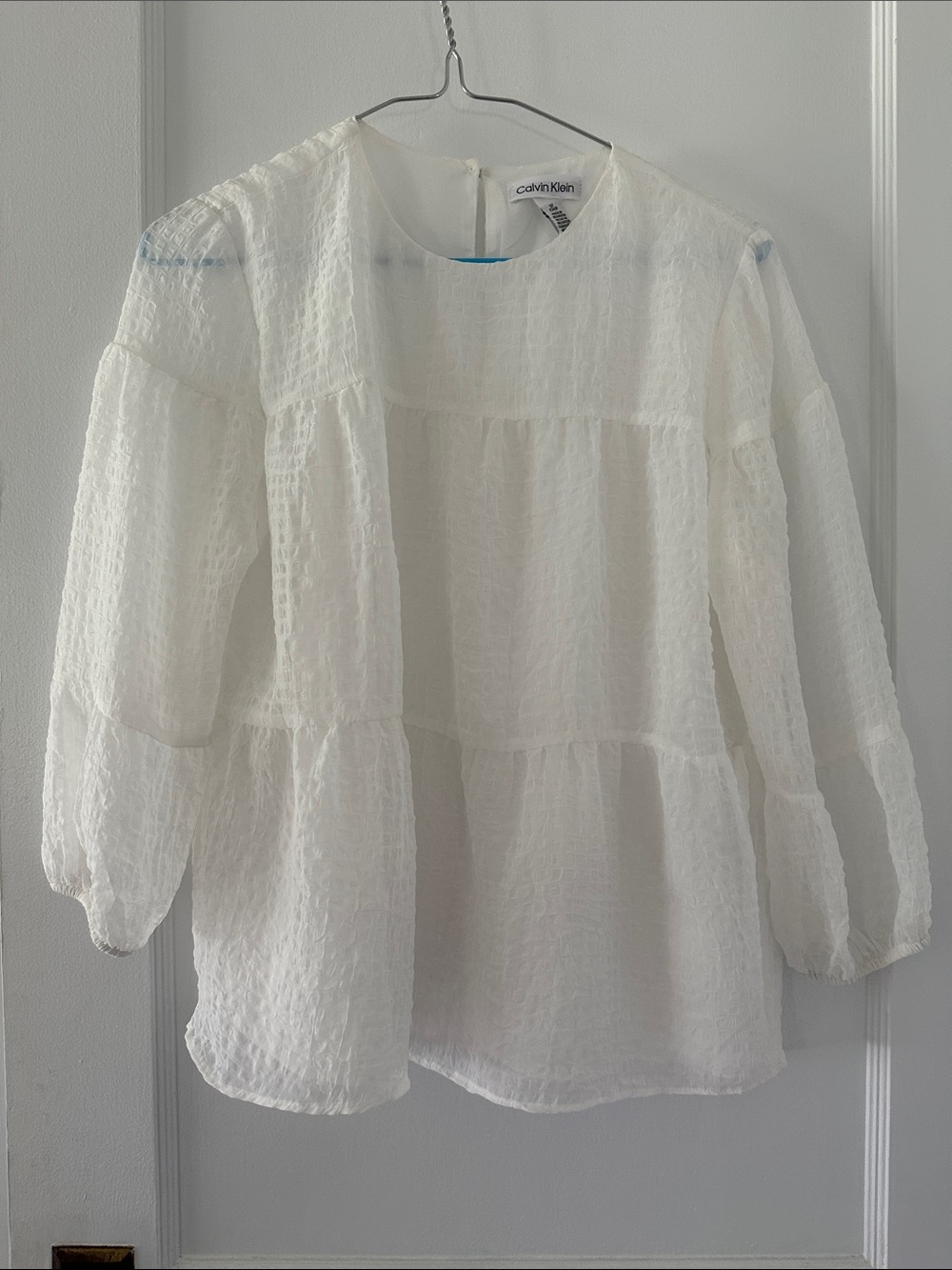 Calvin Klein White Sheer Tiered Peasant Blouse